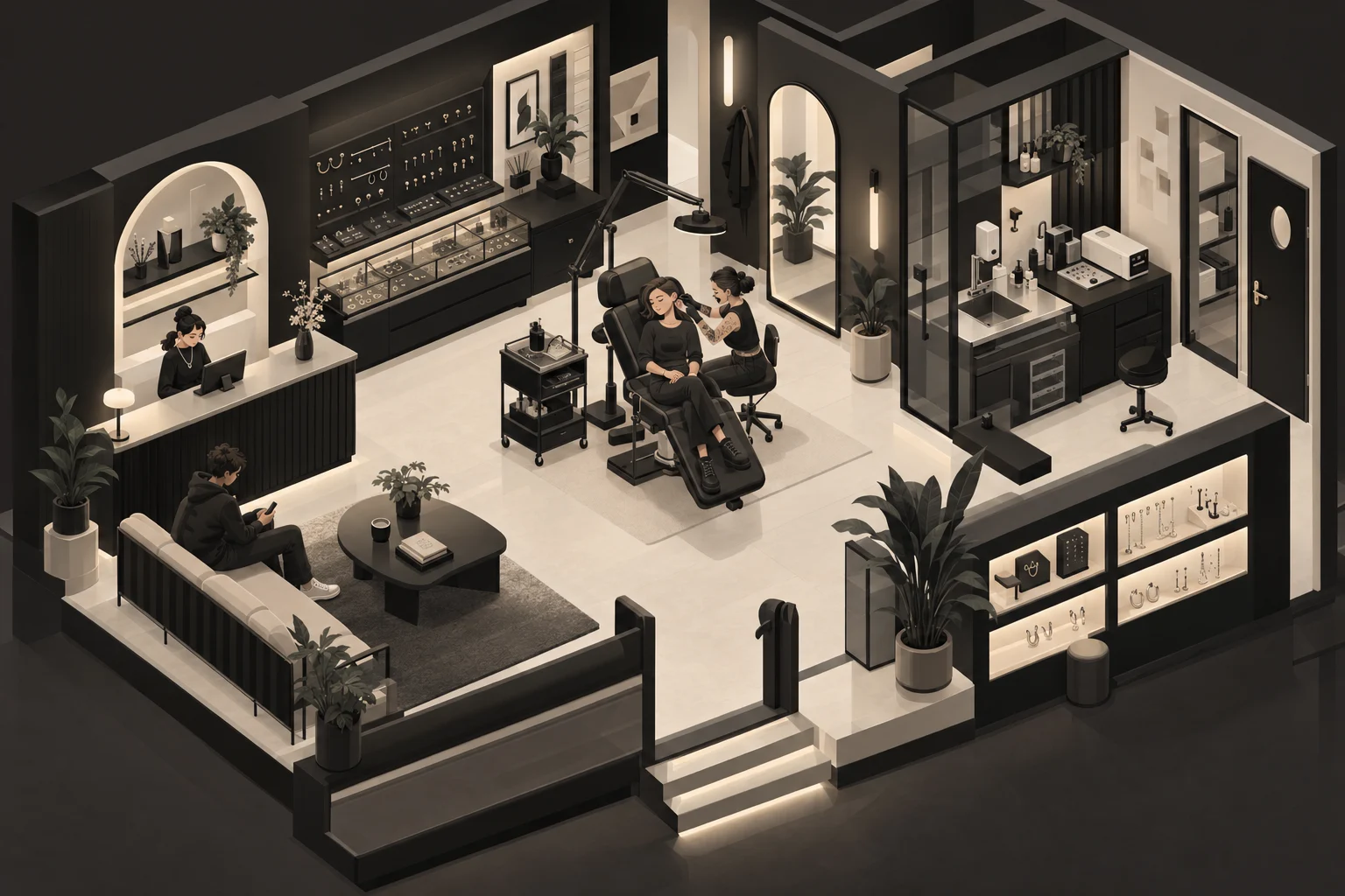 Illustration isométrique d’un studio de piercing : une pierceuse au travail sur une cliente, l’accueil, les vitrines de bijoux et le salon