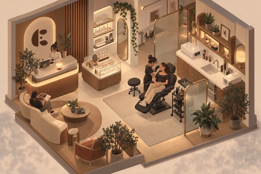 Illustration isométrique d’un studio de piercing : une pierceuse au travail sur une cliente, l’accueil, les vitrines de bijoux et le salon